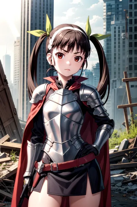 (masterpiece, best quality, detailed), 1girl, solo, hachikuji01, long hair, brown hair, red eyes, flat chest, twintails, hair ribbon, white hairband, 
armor, breastplate, shoulder armor, gloves, armored dress, cape, ruins, overgrown, rubble, pillar, outdoors, building, light rays, fog, contrapposto, serious
