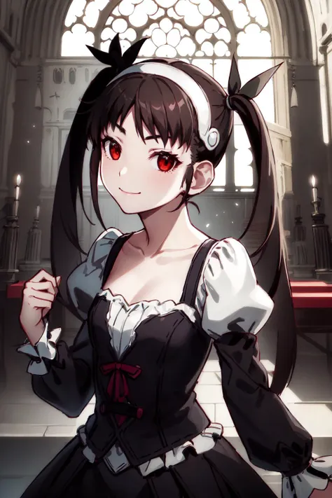 gothicpunkai, 1girl, solo, looking at viewer,
<lora:hachikuji-mayoi-v1:1> hachikuji01, long hair, brown hair, red eyes, flat chest, twintails, hair ribbon, white hairband, mild smile, closed mouth, 
black dress, gothic outfit, puffy sleeves, long sleeves, upper body, collarbone,
gothic architecture, church, dim lighting, light particles, detailed background,
<lora:GothicPunkAI:0.7>