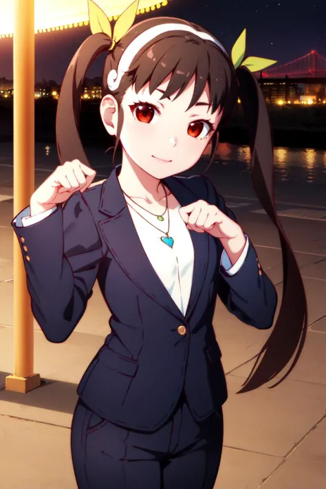 masterpiece, best quality, highres, detailed,
1girl, solo, looking at viewer,
hachikuji01, long hair, brown hair, red eyes, flat chest, twintails, hair ribbon, white hairband,
portrait, park, night, paw pose, blazer, leather pants, (necklace), tiara, heart eyes,
<lora:hachikuji-mayoi-v1:1>