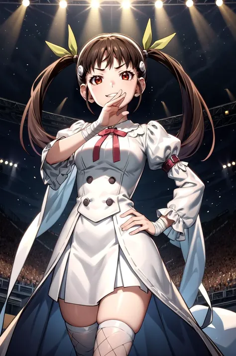 (masterpiece, best quality, detailed), 1girl, solo, hachikuji01, long hair, brown hair, red eyes, flat chest, twintails, hair ribbon, white hairband, 
tailcoat, fishnet top, single thighhigh, single sleeve, medical eyepatch, purple ribbon, choker, single glove, glowing eye, bandaged arm, stage, stage lights, spotlight, concert, audience, <lora:OjouSamaPose:1>, ojou-sama pose, laughing, hand on hip, naughty face, smug