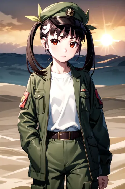 (masterpiece, best quality, detailed), 1girl, solo, hachikuji01, long hair, brown hair, red eyes, flat chest, twintails, hair ribbon, white hairband,
military uniform, military, soldier, metal, military hat, green jacket, belt, green pants, camouflage, desert, sand, dust, sun, hands in pockets, serious