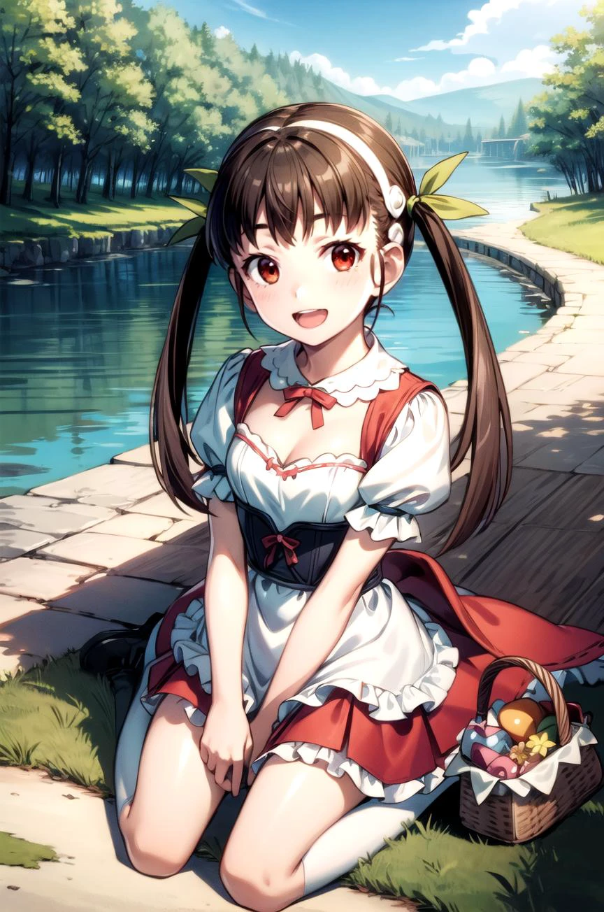 (masterpiece, best quality, detailed), 1girl, solo, hachikuji01, long hair, brown hair, red eyes, flat chest, twintails, hair ribbon, white hairband,
<lora:little_red_riding_hood_v0.1:1>, little red riding hood, frilled dress, basket, miniskirt, cleavage, outdoors, house, rural, village, scenery, path, river, bridge, wariza, hand between legs, from above, open mouth, smile