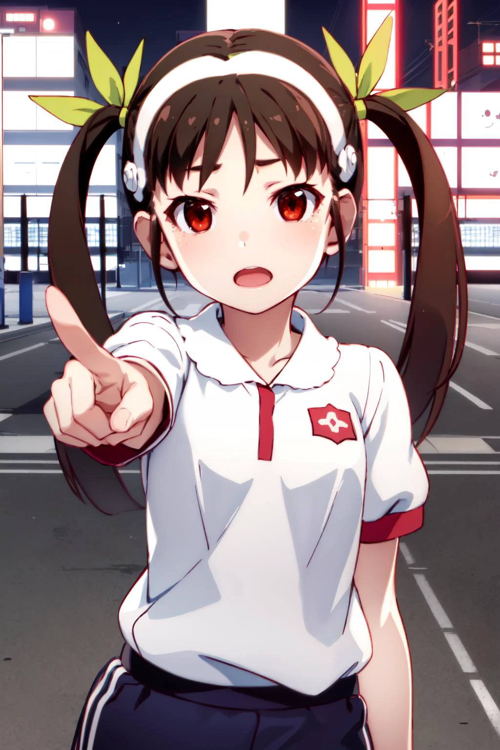 masterpiece, best quality, highres, detailed,
1girl, solo, looking at viewer,
hachikuji01, long hair, brown hair, red eyes, flat chest, twintails, hair ribbon, white hairband,
close-up, armory, night, pointing, gym uniform, hair flower, brown flower, detached collar, open mouth,
<lora:hachikuji-mayoi-v1:1>