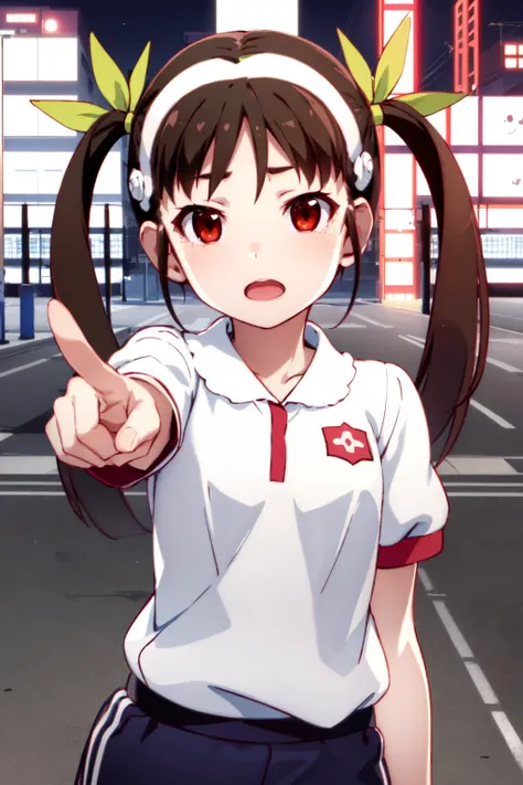 masterpiece, best quality, highres, detailed,
1girl, solo, looking at viewer,
hachikuji01, long hair, brown hair, red eyes, flat chest, twintails, hair ribbon, white hairband,
close-up, armory, night, pointing, gym uniform, hair flower, brown flower, detached collar, open mouth, 
<lora:hachikuji-mayoi-v1:1>