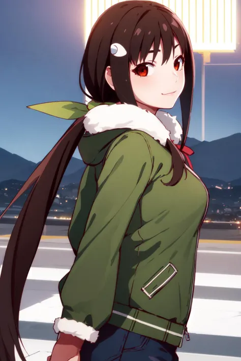 masterpiece, best quality, highres, detailed,
1girl, solo, looking at viewer,
hachikuji02, long hair, brown hair, red eyes, ribbon, hair ribbon, green ribbon, aged up, adult, medum breasts,
from side, mountaintop city, night, twisted torso, fur-trimmed jacket, pom-pom pants, bat wings, :\3,
<lora:hachikuji-mayoi-v1:0.9>