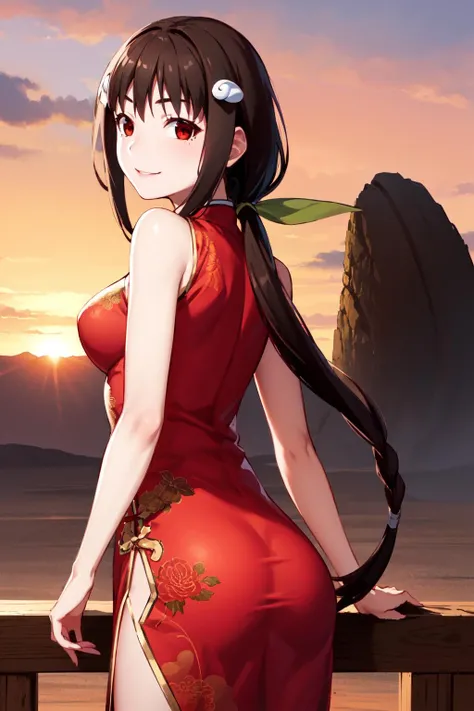 masterpiece, best quality, highres, detailed,
1girl, solo, looking at viewer,
hachikuji02, long hair, brown hair, red eyes, ribbon, hair ribbon, green ribbon, aged up, adult, medum breasts,
close-up, ayers rock, sunset, looking back, chinese clothes, naughty smile,
<lora:hachikuji-mayoi-v1:0.9>