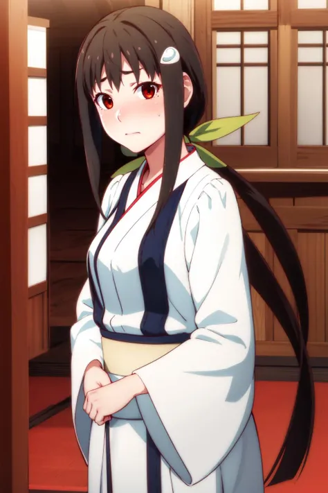 masterpiece, best quality, highres, detailed,
1girl, solo,  looking at viewer,
hachikuji02, long hair, brown hair, red eyes, ribbon, hair ribbon, green ribbon, aged up, adult, medum breasts,
focused, dojo, indoors, light, standing, embarrassed, nose blush,