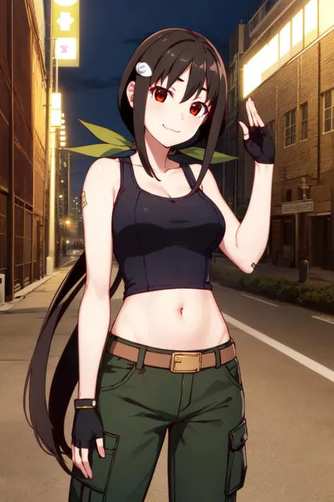 masterpiece, best quality, highres, detailed,
 1girl, solo,  looking at viewer, 
hachikuji02, long hair, brown hair, red eyes, ribbon, hair ribbon, green ribbon, aged up, adult, medum breasts, 
smile, :3,
navel, midriff, belt, tank top, brown tank top, fingerless gloves,bandaid, gargo pants, blue cargo pants, 
potrait,
salute,
city ruins, night, dim lighting,
<lora:hachikuji-mayoi-v1:1>