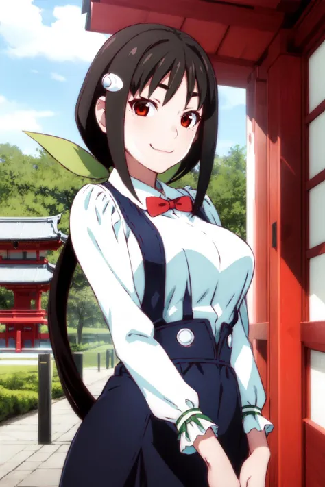 masterpiece, best quality, highres, detailed,
1girl, solo, looking at viewer,
hachikuji02, long hair, brown hair, red eyes, ribbon, hair ribbon, green ribbon, aged up, adult, medum breasts,
smile, :3,
skirt, suspender skirt, frilled skirt, suspenders, long skirt, shirt, long sleeves, bow, white shirt, bowtie, red bowtie, frills,
potrait,
arms behind head,
japanese temple, trees, temple, shrine,
<lora:hachikuji-mayoi-v1:1>