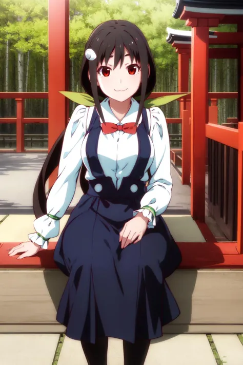masterpiece, best quality, highres, detailed,
1girl, solo, looking at viewer,
hachikuji02, long hair, brown hair, red eyes, ribbon, hair ribbon, green ribbon, aged up, adult, medum breasts,
smile, :3,
skirt, suspender skirt, frilled skirt, suspenders, long skirt, shirt, long sleeves, bow, white shirt, bowtie, red bowtie, frills,
cowboy shot,
sitting on the floor,
japanese temple, trees, temple, shrine,
<lora:hachikuji-mayoi-v1:1>