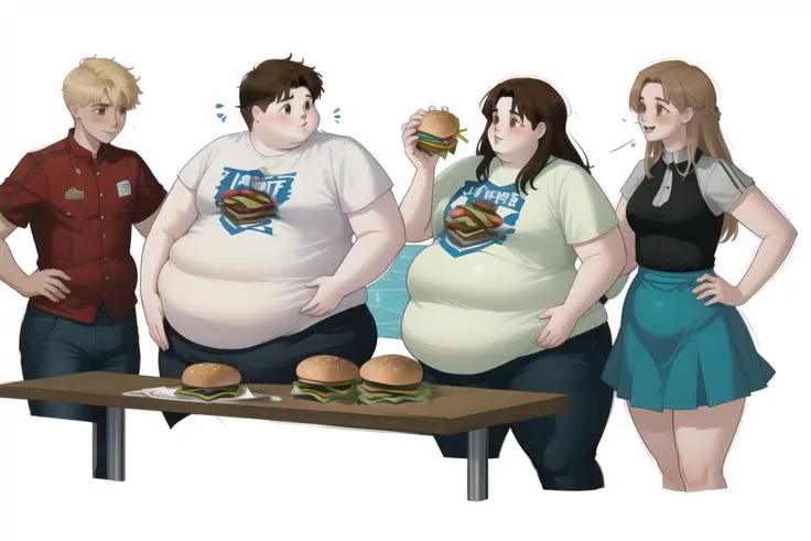 <lyco:weightdifference_slimwithfat:1.0>, 2boys, 2girls, skinny, obese, weightdifference, eating contest, side by side, sitting, table, ((burger, holding burger, fast food)), holding plate, food, hand on own stomach, blonde hair, brown hair, breasts, long hair, restaurant, counter, smile, bloated, big belly, brown eyes, curvy