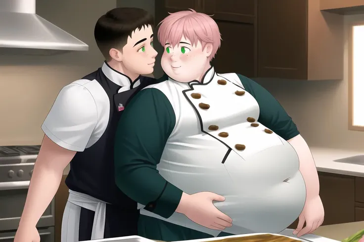 <lyco:weightdifference_slimwithfat:1.0>, 2boys, weightdifference, slimwithfat, ((obese, fat rolls, love handles, big belly)), (skinny), blush, smile, short hair, bangs, shirt, black hair, holding, green eyes, standing, upper body, pink hair, short sleeves, food, collared shirt, indoors, looking at another, apron, plate, freckles, holding plate, kitchen, chef uniform, chef, cutting board, brown eyes, grabbing from behind, hug, looking back, looking to the side, kiss