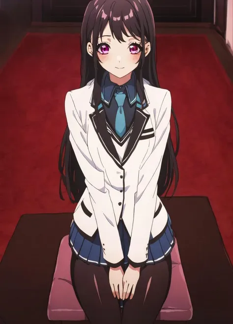 Kaori, solo, 1girl, black hair, bow, formal, long hair, pantyhose, school uniform, detailed eyes, short hair, skirt, suit, eyelashes, pink eyes, red eyes, blazer, blue necktie, white jacket, long sleeves, necktie, pleated skirt, 8k, masterpiece, trending on artstation, <lora:Masterpiace:0.7>,  <lora:Cheat_Skill_in_Another_World-Kaori:1>, happy, sitting,