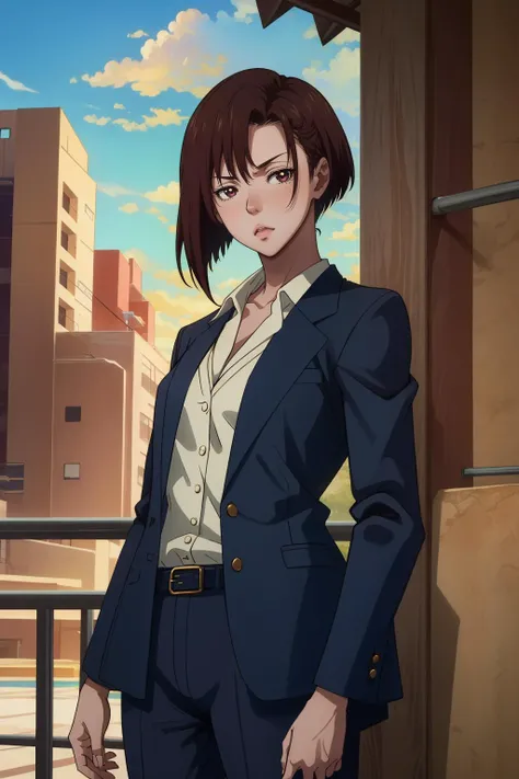 (Masterpiece:1.4), (best quality:1.2), detailed face, <lora:Aoyanagi_Risa-000019:1>, aoyanagi risa, 1girl, formal, pant suit, jacket, shirt, short hair, brown eyes, upper body, cowboy shot