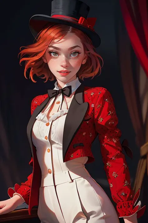 Merger_deblie_aurass,
performing in a (circus:1.2) wearing a red and black (blazer:1.1) and white (shirt:1.1) and cream (trousers:1.1) and black bow tie and (top hat:1.1), ring leader, circus,
bokeh, f1.4, 40mm, photorealistic, raw, 8k, textured skin, skin pores, intricate details  <lora:epi_noiseoffset2:1>, epiCRealism
<lora:detail_slider_v4:1.0>  <lora:ClothingAdjuster3:-0.8>