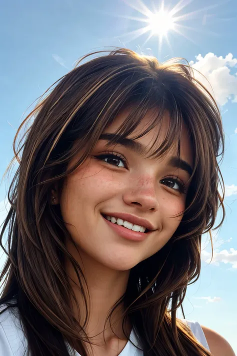 photo of <lora:sd15_AriKytsya_locon_24_v1:.9> AriKytsya brown hair, focus on eyes, close up on face, laughing, bone color hair styled as layered hair, silhouetted against the bright sky