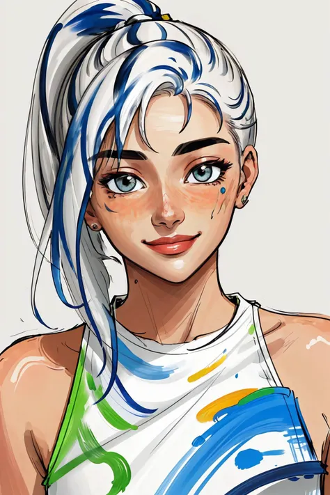 ((brush stroke style:1.3), painterly, textured, highly detailed:1.15), <lora:sd15_AriKytsya_locon_24_v1:.9> AriKytsya, focus on eyes, close up on face, smile, frost color hair styled as Straight Sleek High Ponytail, soft focus