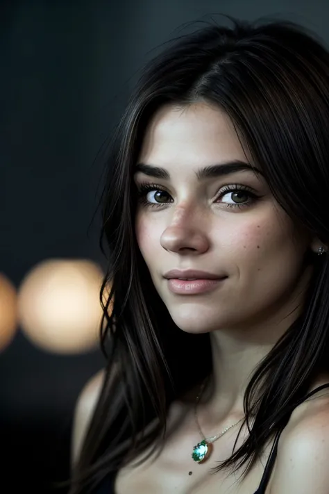 cinematic film still, shallow depth of field, vignette, highly detailed, high budget Hollywood , bokeh, cinemascope, moody, epic, gorgeous, film grain, grainy, photo of <lora:sd15_AriKytsya_locon_24_v1:.8> AriKytsya brown hair, focus on eyes, close up on face, huge smile, wearing jewelry, hair styled as ombre lob hair, vignette