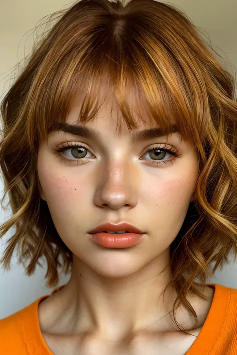 photo of <lora:sd15_AriKytsya_locon_24_v1:.9> AriKytsya blonde hair, focus on eyes, close up on face, Tangerine color hair styled as curly bangs,