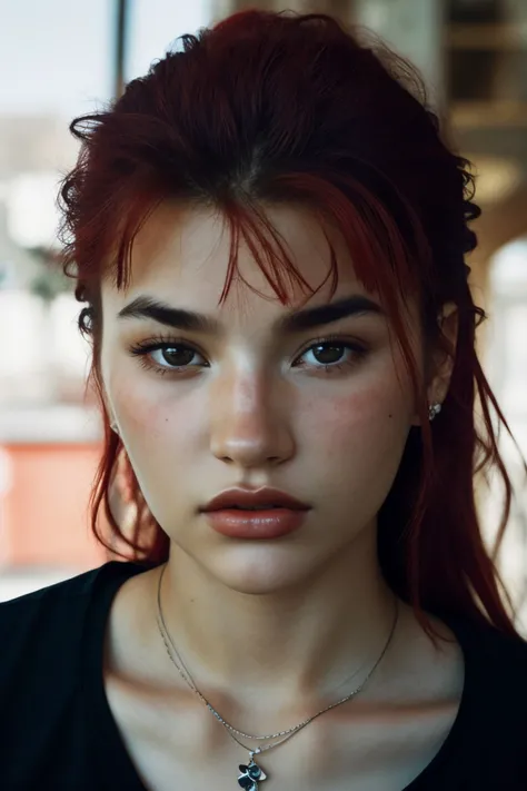 photo of <lora:sd15_AriKytsya_locon_24_v1:.9> AriKytsya , focus on eyes, close up on face, wearing jewelry, cardinal color hair styled as pinned back hair, desaturated grunge filter