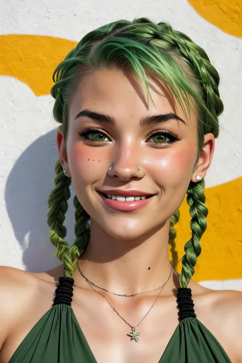 (street art style, urban, vibrant, stencil art, highly detailed:1.15), <lora:sd15_AriKytsya_locon_24_v1:.9> AriKytsya highlights, focus on eyes, close up on face, smiling, wearing jewelry, light green hair styled as pixie braids hair,