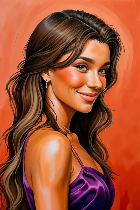 (gouache painting, vibrant, opaque, texture, highly detailed:1.15), close range of <lora:sd15_AriKytsya_locon_24_v1:.9> AriKytsya brown hair, focus on smiling face, side view wearing a silk dress , her hair is styled as textured waves hair,