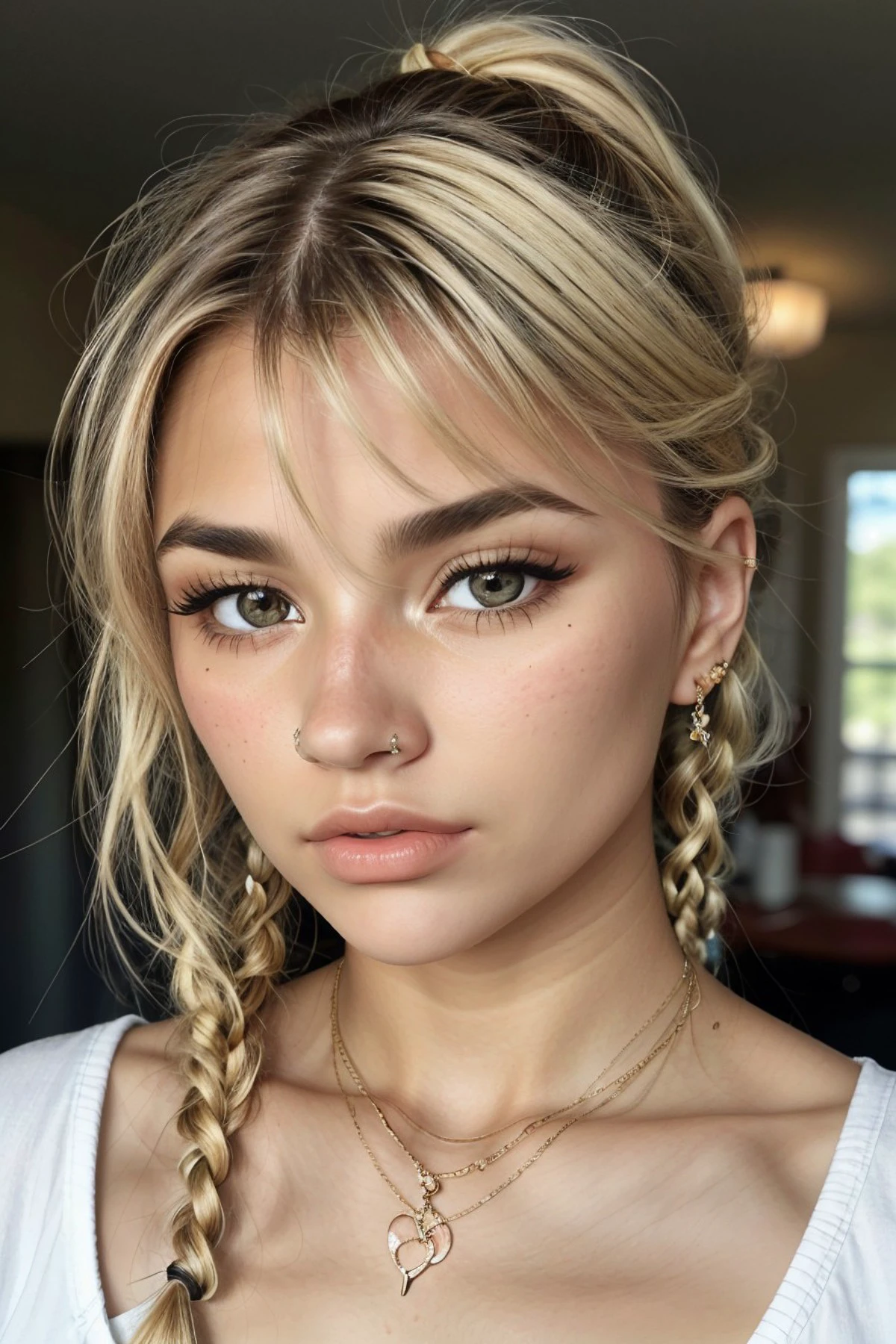 A woman with blonde hair and a white top is looking at the camera