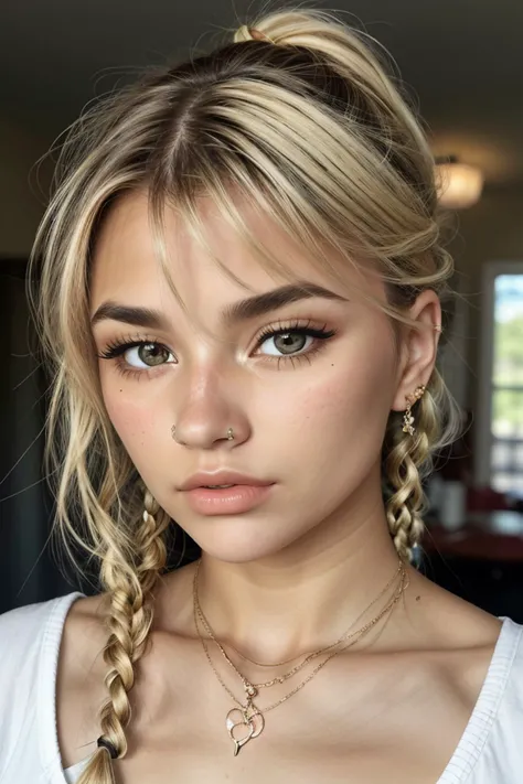 photo of <lora:sd15_AriKytsya_locon_24_v1:.9> AriKytsya blonde hair, focus on eyes, close up on face, pouting, wearing jewelry, hair styled as micro braids,