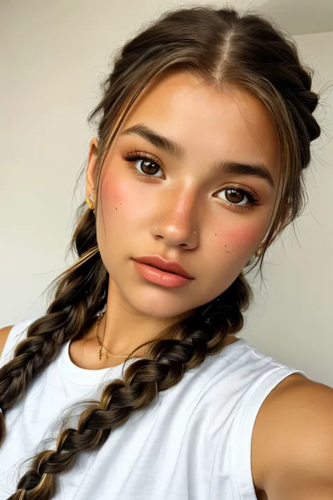 photo of <lora:sd15_AriKytsya_locon_24_v1:.9> AriKytsya highlights, focus on eyes, close up on face, wearing jewelry, hair styled as Straight Fishtail Braid, soft focus