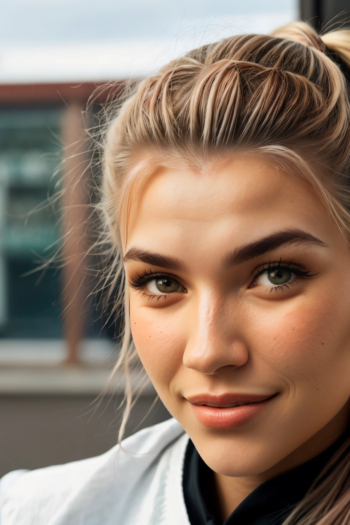 A close up of a woman with long hair wearing a white shirt