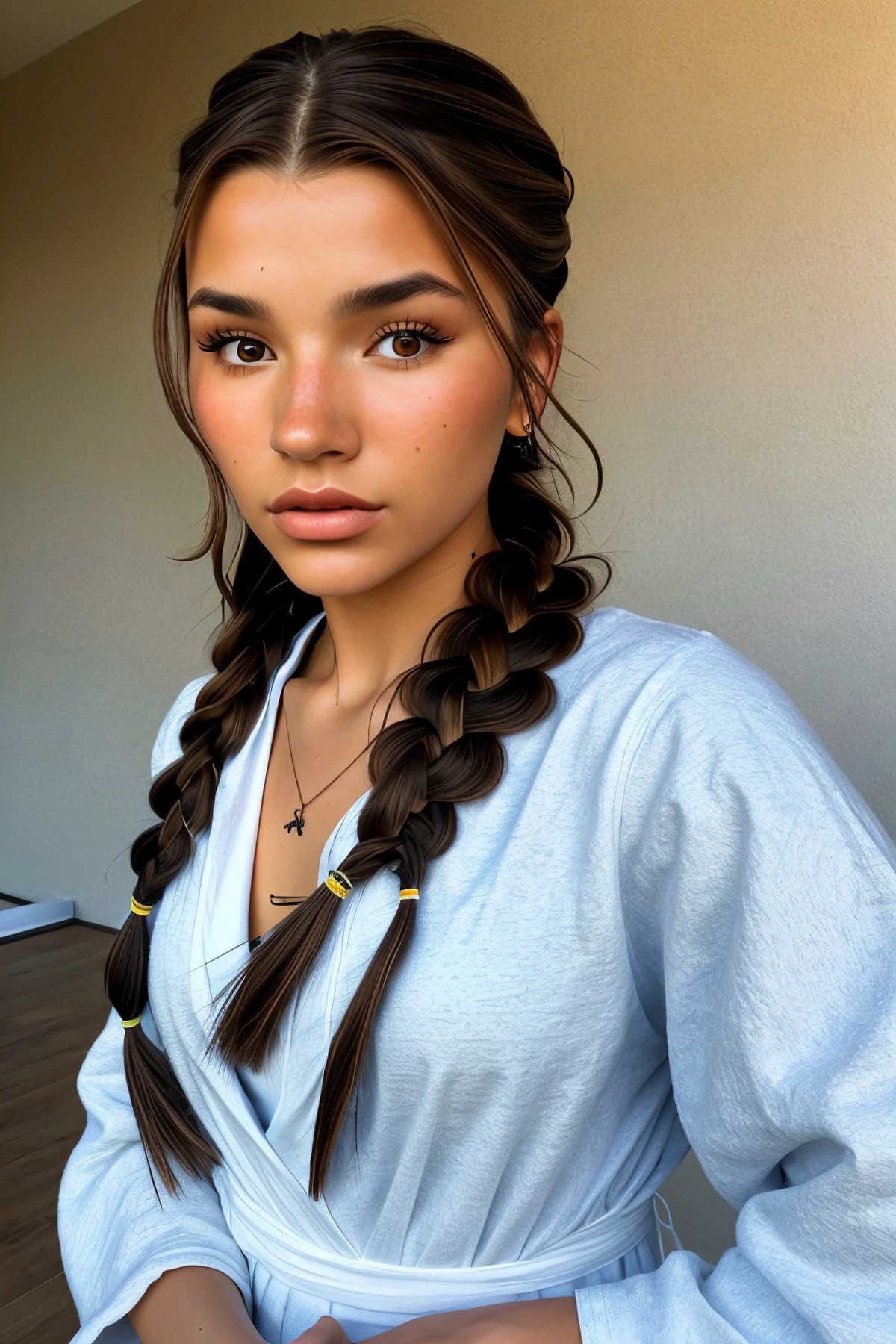 A woman with a messy bun in her hair smiling