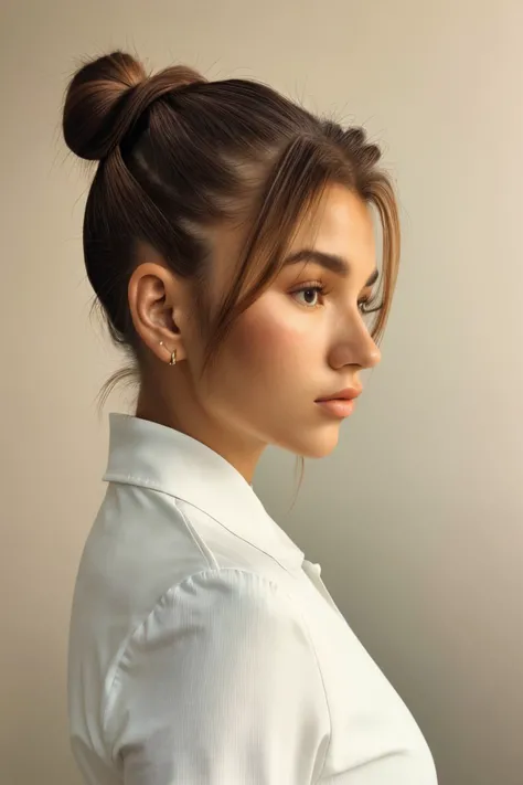 breathtaking, award-winning, professional, highly detailed, close range of photo of <lora:sd15_AriKytsya_locon_24_v1:.9> AriKytsya , focus on face, side view wearing a pantsuit , her sepia color hair is styled as top knot ponytail,