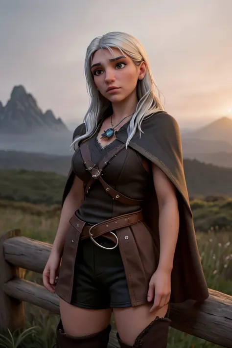 <lora:sd15_AriKytsya_locon_24_v1:.9> AriKytsya, Style-GravityMagic, portrait, solo, half shot, looking down, detailed background, detailed face, (sinister dark fantasy theme:1.1), focus on eyes, calm, witcher, adventurer, wearing light witcher armor, rugged, tattered cape belts, trinkets, witcher gear, engraved witcher medalion, aggressive stance, glowing tattoos, witcher senses, mountains in background, dawn, dust particles, wind blowing, backlighting, bokeh, mysterious atmosphere,