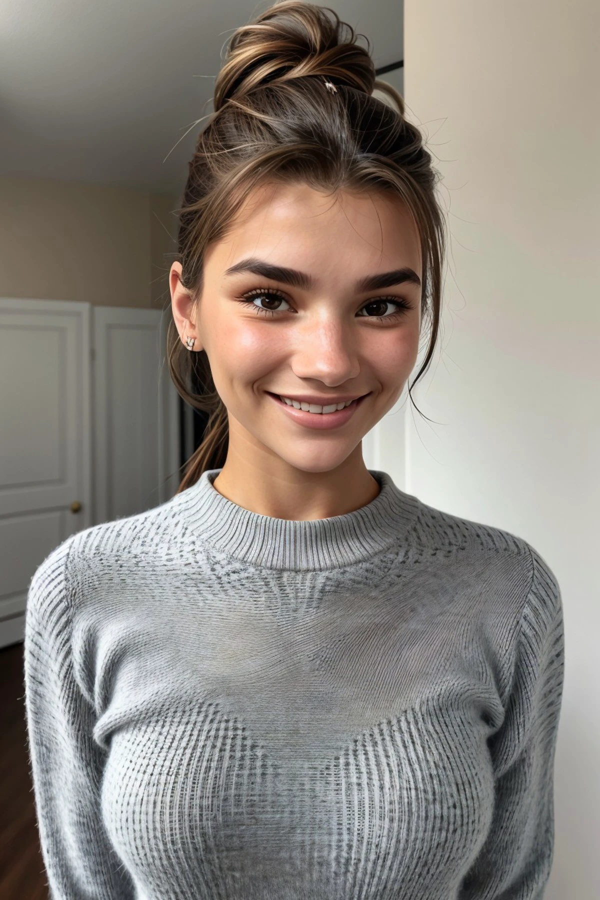 A woman with a messy bun in her hair smiling