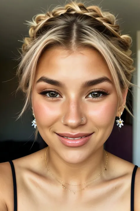photo of <lora:sd15_AriKytsya_locon_24_v1:.9> AriKytsya blonde hair, focus on eyes, close up on face, laughing, wearing jewelry, light amethyst color hair styled as textured updo,