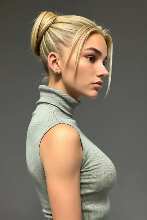(symbolist interpretation, allegorical, detailed, mysterious:1.15), half-body of <lora:sd15_AriKytsya_locon_24_v1:.9> AriKytsya blonde hair, focus on face, side view wearing a turtleneck , her hair is styled as messy top knot,