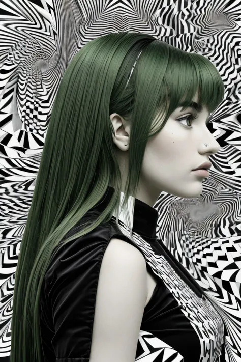 (op art style, optical illusions, black and white, geometric, detailed:1.15), close range of <lora:sd15_AriKytsya_locon_24_v1:.9> AriKytsya , focus on face, side view wearing a military uniform , her kelly green color hair is styled as Straight Loose Waves,