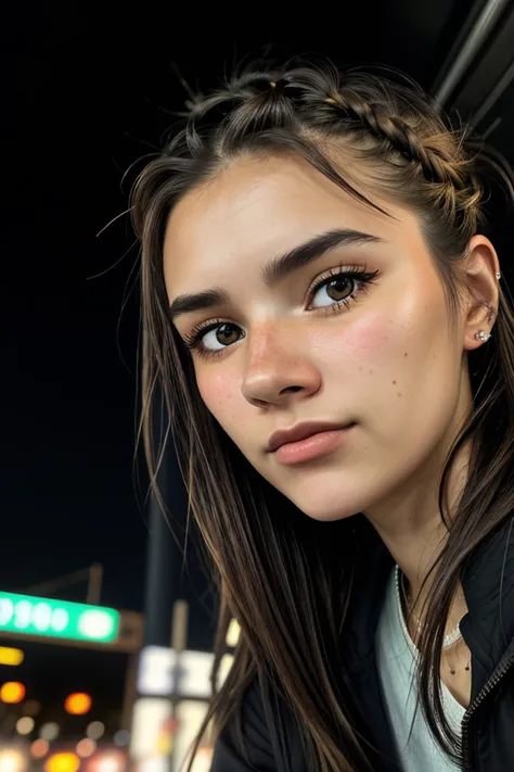 (from below, closeup on face:1.2) of photo of <lora:sd15_AriKytsya_locon_24_v1:.9> AriKytsya brown hair, smiling, she is wearing hanten, her hair is styled as braided hair, BREAK she is (waiting at a bus stop in the country:1.1), bright neon lighting, muted low film grain ,desaturated grunge filter,8mm fisheye lens ,