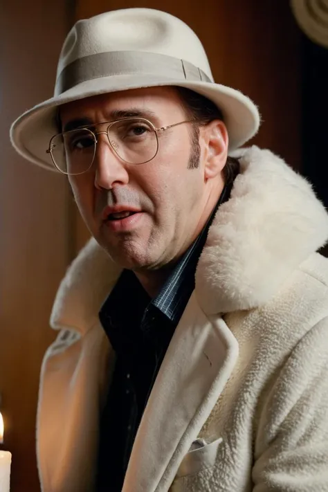 photograph, shot from behind of a Awe-Inspiring (Nicolas Cage:1.1) , he is dressed in Trapper hat, his Trapper hat is tailored by Marc Jacobs and Thom Browne, looking away from camera, Psychedelic and Vivid Horn-rimmed glasses, Candle light, Cinestill, Sony A7, 50mm, Monochrome, perfect skin