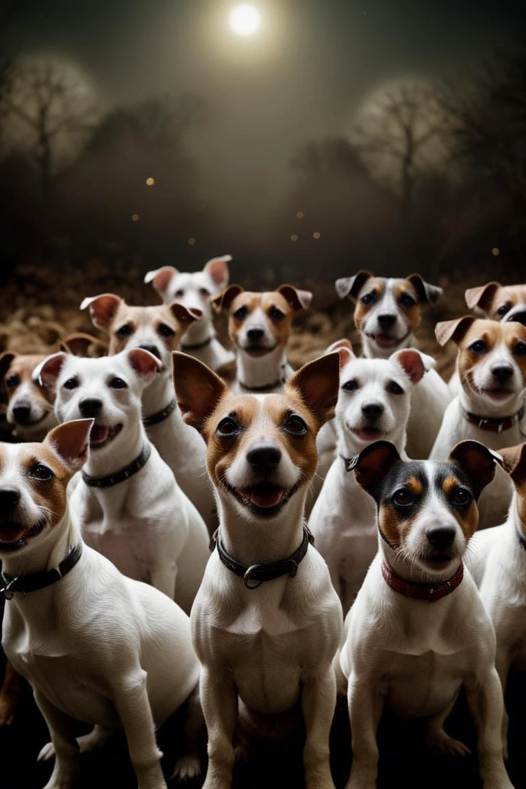 designed by Sacha Goldberger, photograph, hip level shot of a crowd of Jack Russell terriers, mean and shabby, | Bokeh, Ultra Detailed, Folk Art, Moonlit, Slow Shutter Speed, Hasselblad, F/14, cosmic energy