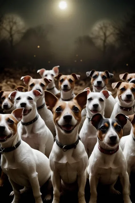 designed by Sacha Goldberger, photograph, hip level shot of a crowd of Jack Russell terriers, mean and shabby, | Bokeh, Ultra Detailed, Folk Art, Moonlit, Slow Shutter Speed, Hasselblad, F/14, cosmic energy