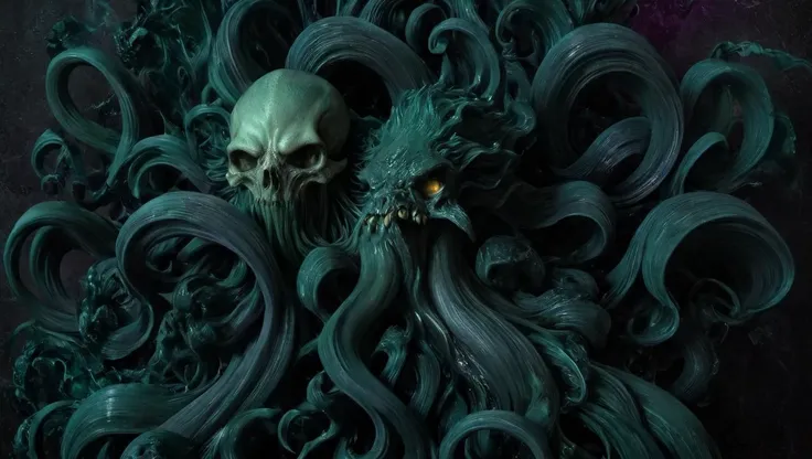 <lora:Alphonse Mucha Style:1.6> alphonse mucha style, ((Cthulhu)), rising from the deep, (black flowing tentacles), black smoke, darkness, BREAK
<lora:epoxy_skull-sdxl:0.08> epoxy_skull, pentagram, evil, (insanity), long sharp teeth, ((glowing golden eyes)), BREAK
<lora:ral-3dwvz-sdxl:0.6> ral-3dwvz, symmetrical, balanced, (black tendrils of smoke), fangs, (cosmic), deep underwater, BREAK
<lora:cursedimagessdxl:0.3> cursed image, ((photo-realistic)), 4k, extremely detailed, (laser prism spectrum gradient background lighting), purple, black, green, BREAK