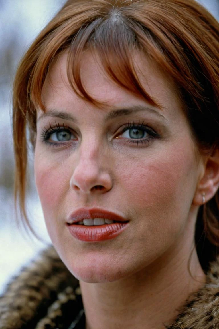 photograph portrait, close up of a Holy Marija with eyes of Shannon Elizabeth and lips of Molly Ringwald, detailed skin, ultra detailed, facing viewer | winter garden, Hopeful, Kodak Ektar 100, 80mm, two colours, detailed skin, ultra detailed