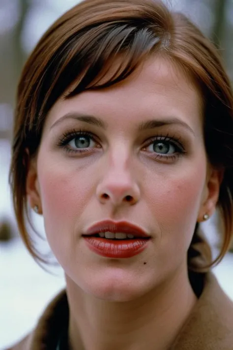 photograph portrait, close up of a Holy Marija with eyes of Shannon Elizabeth and lips of Molly Ringwald, detailed skin, ultra detailed, facing viewer | winter garden, Hopeful, Kodak Ektar 100, 80mm, two colours, detailed skin, ultra detailed