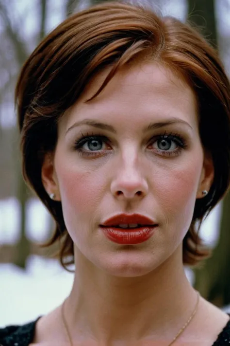 photograph portrait, close up of a Holy Marija with eyes of Shannon Elizabeth and lips of Molly Ringwald, detailed skin, ultra detailed, facing viewer | winter garden, Hopeful, Kodak Ektar 100, 80mm, two colours, detailed skin, ultra detailed