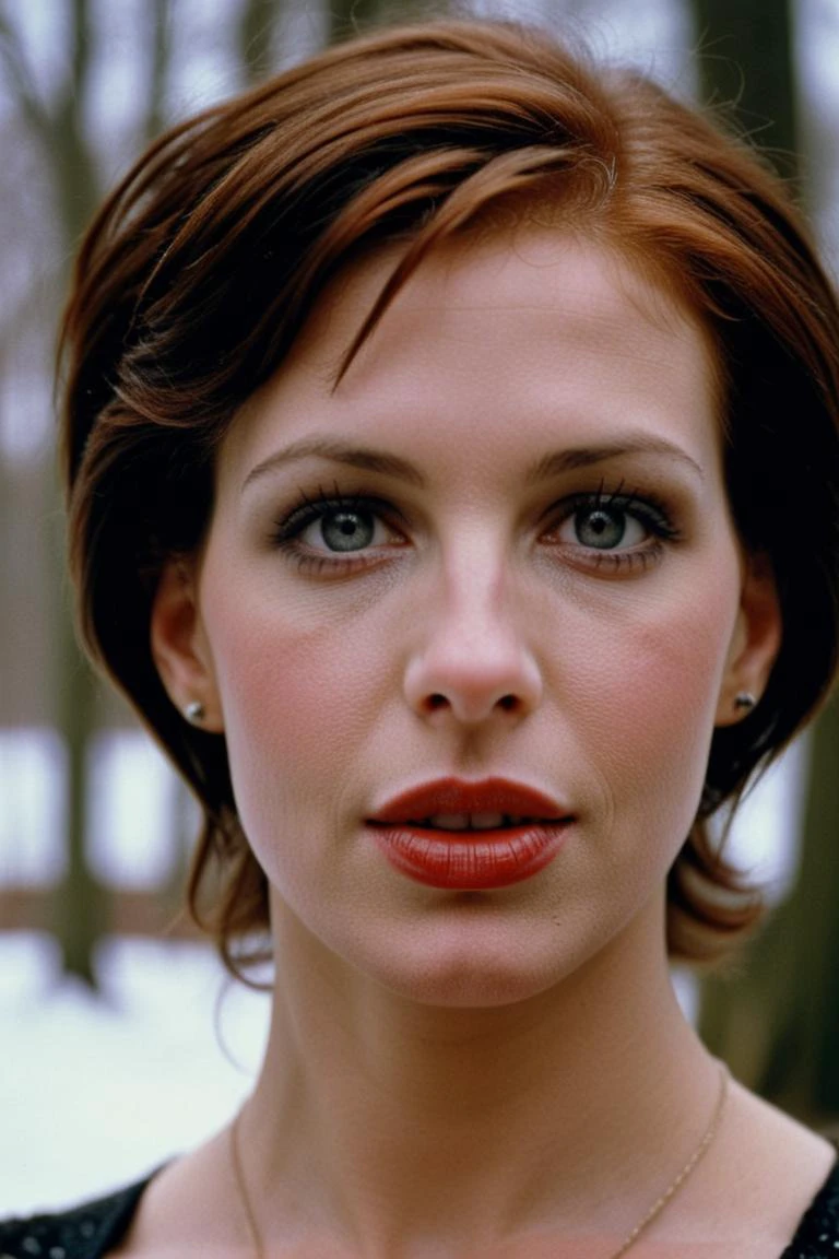photograph portrait, close up of a Holy Marija with eyes of Shannon Elizabeth and lips of Molly Ringwald, detailed skin, ultra detailed, facing viewer | winter garden, Hopeful, Kodak Ektar 100, 80mm, two colours, detailed skin, ultra detailed