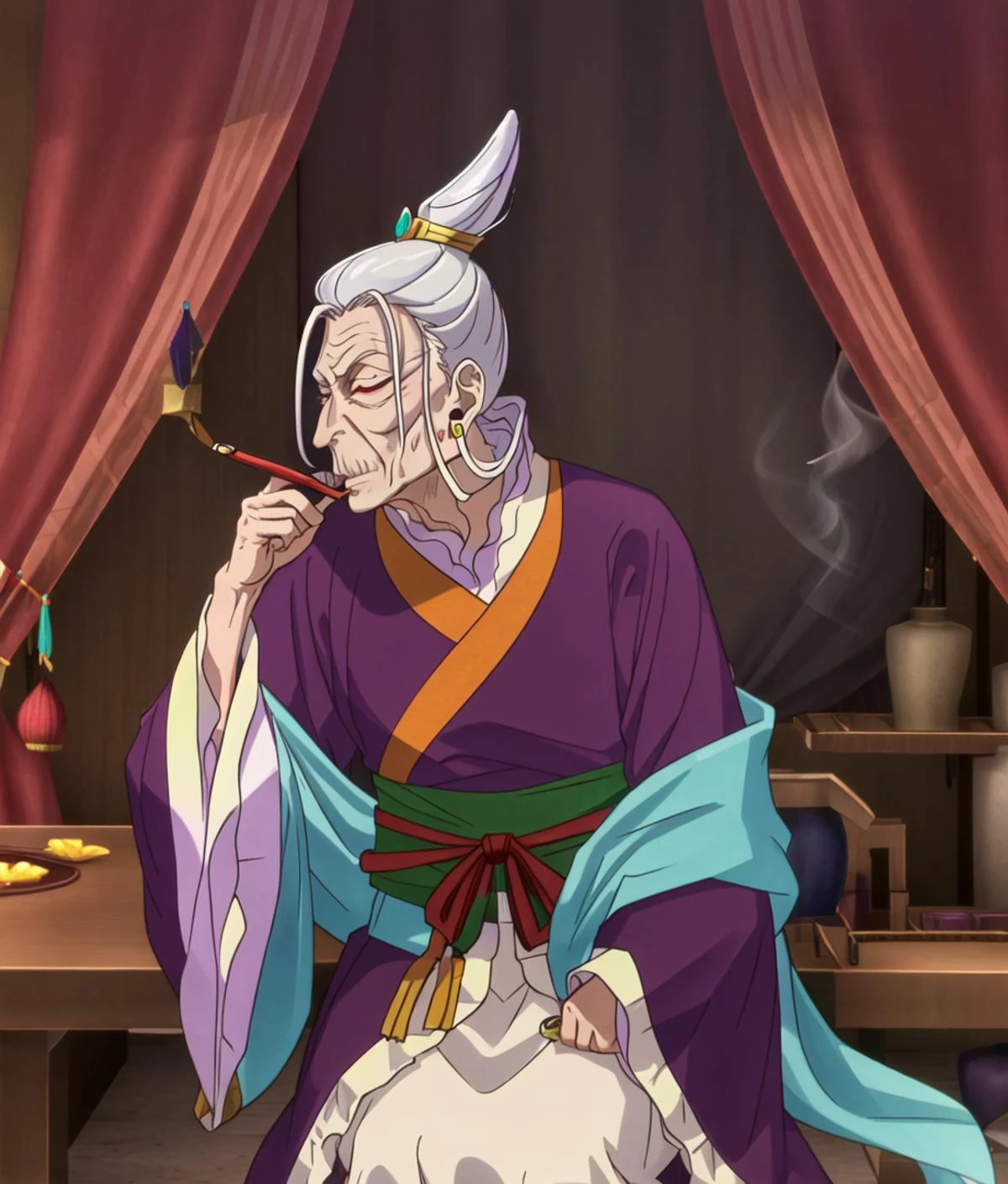 MadamK, solo, 1girl, cowboy shot, hair ornament, earrings, indoors, single hair bun, shelf, smoke, smoking pipe, kimono, curtains, sitting on chair,
<lora:kusuriya_EP01to10-diag_oft-bundle-40000:0.8:1>, <lora:anylora_FTMSE:0.9>