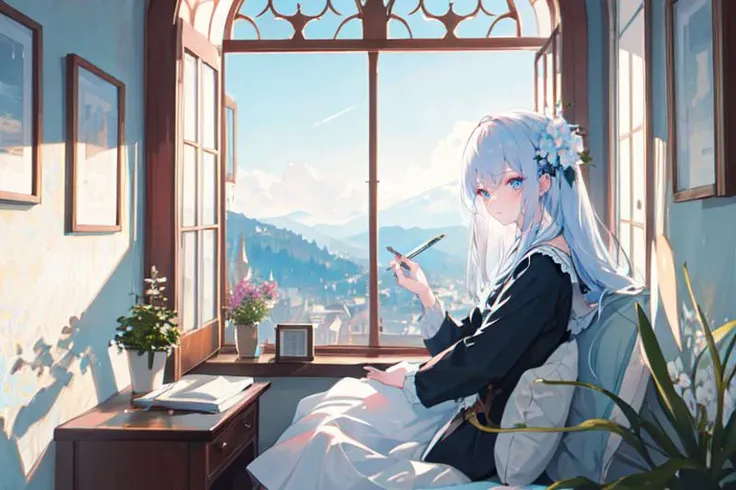 (otherworldly), highly insanely detailed, masterpiece, top quality, best quality, highres, 4k, 8k, RAW photo, (very aesthetic, beautiful and aesthetic), Lingli, blush, baby, hair flower, ^_^, hair ornament
A dreamy window seat overlooking a picturesque view, where the girl can daydream, journal, or simply gaze out at the world outside. The soft sunlight streaming in adds to the peaceful ambiance. Dreamy window seat, picturesque view, daydreaming, journaling, soft sunlight, peaceful ambiance.
1girl, looking at viewer, 
__kusuriya__
<lora:kusuriya_EP01to10-diag_oft-bundle-40000:1>, (fantasy world)