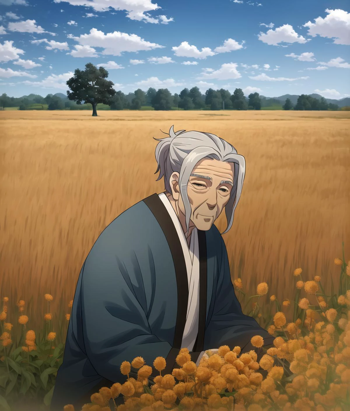 Luomen, solo, 1boy, cowboy shot, blue sky, old, tree, outdoors, working in garden,
Amidst the golden fields of a rustic countryside, an elderly farmer toils diligently. With gnarled hands and a weathered face, they bend down to nurture rows of lush crops.,
<lora:kusuriya_EP01to10-diag_oft-bundle-40000:0.8:1:lbw=1,0,0,0,0,0,0,0,0,0,0,0,0,0,0,0,0,1,1,1,1,1,0,0,0,0>, <lora:anylora_FTMSE:0.9>