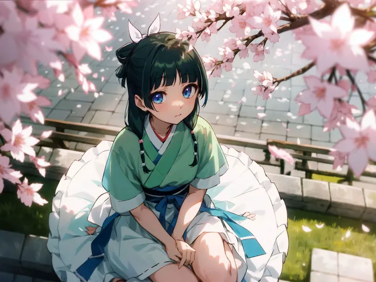 MaoMao, white dress, sitting, Hanami, from above, <lora:kusuriya_EP01to10-diag_oft-bundle-40000:1> , kusuriya